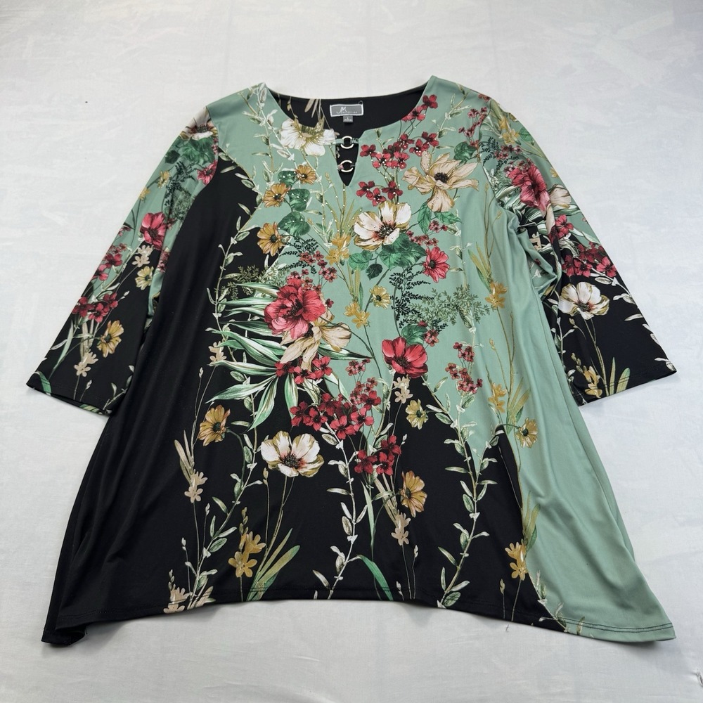 JM Collection Women's Large Floral Colorblock Tunic Top 3/4 Sleeve Black Green